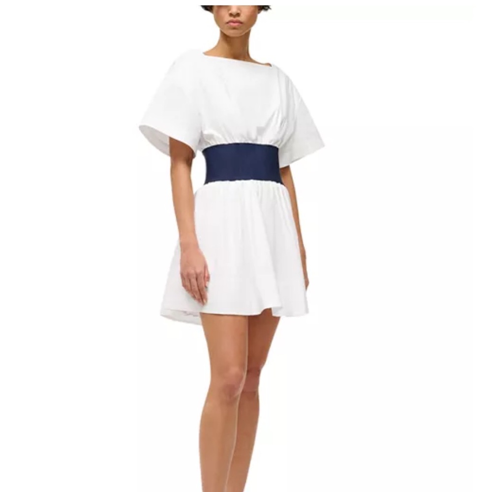STAUD White Mini Dress with Navy Waistband
